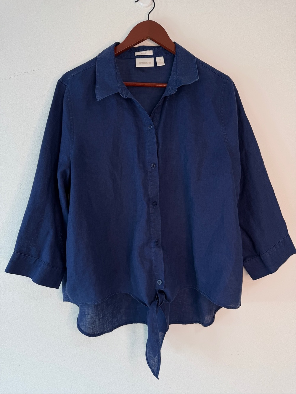 Chicos Effortless Linen Button Front Top Womens XL Coastal Capsule Navy Blue